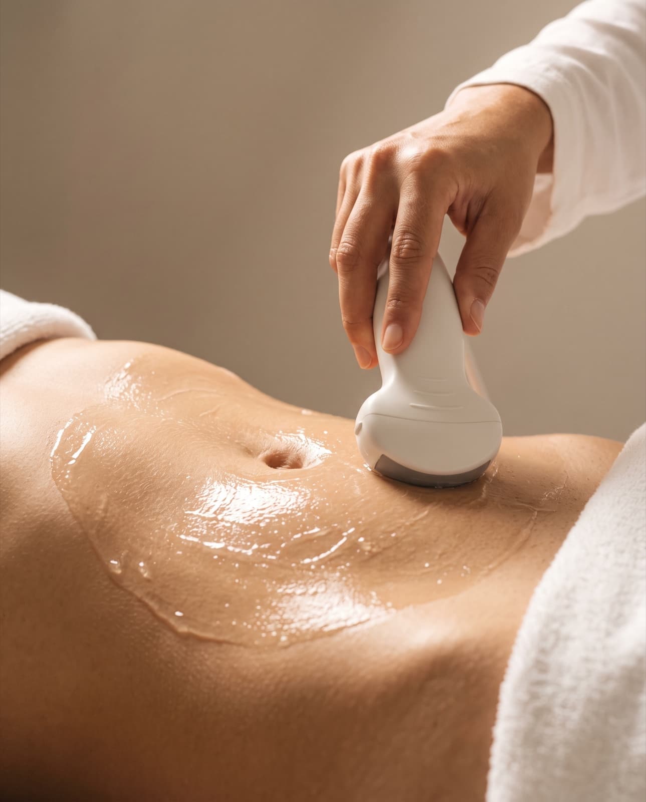 Close-up of a body treatment in progress — a handpiece gliding over clear gel on the midriff