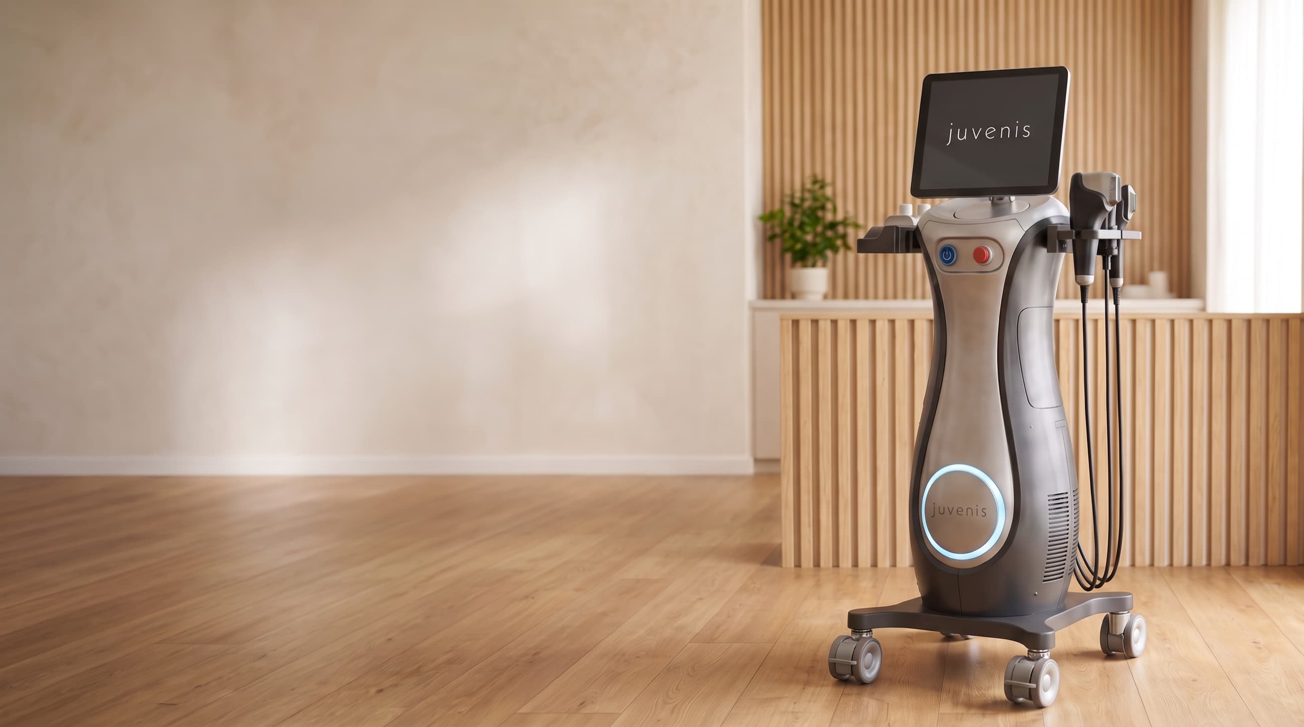 ALTUS focused ultrasound device, with articulated arm and treatment cartridges on a brushed-steel column.