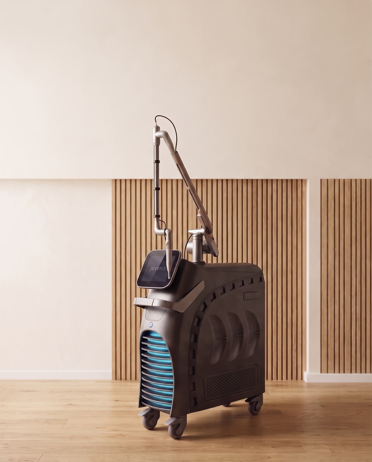 AVELA picosecond-laser device, with articulated arm on a brushed-steel column.