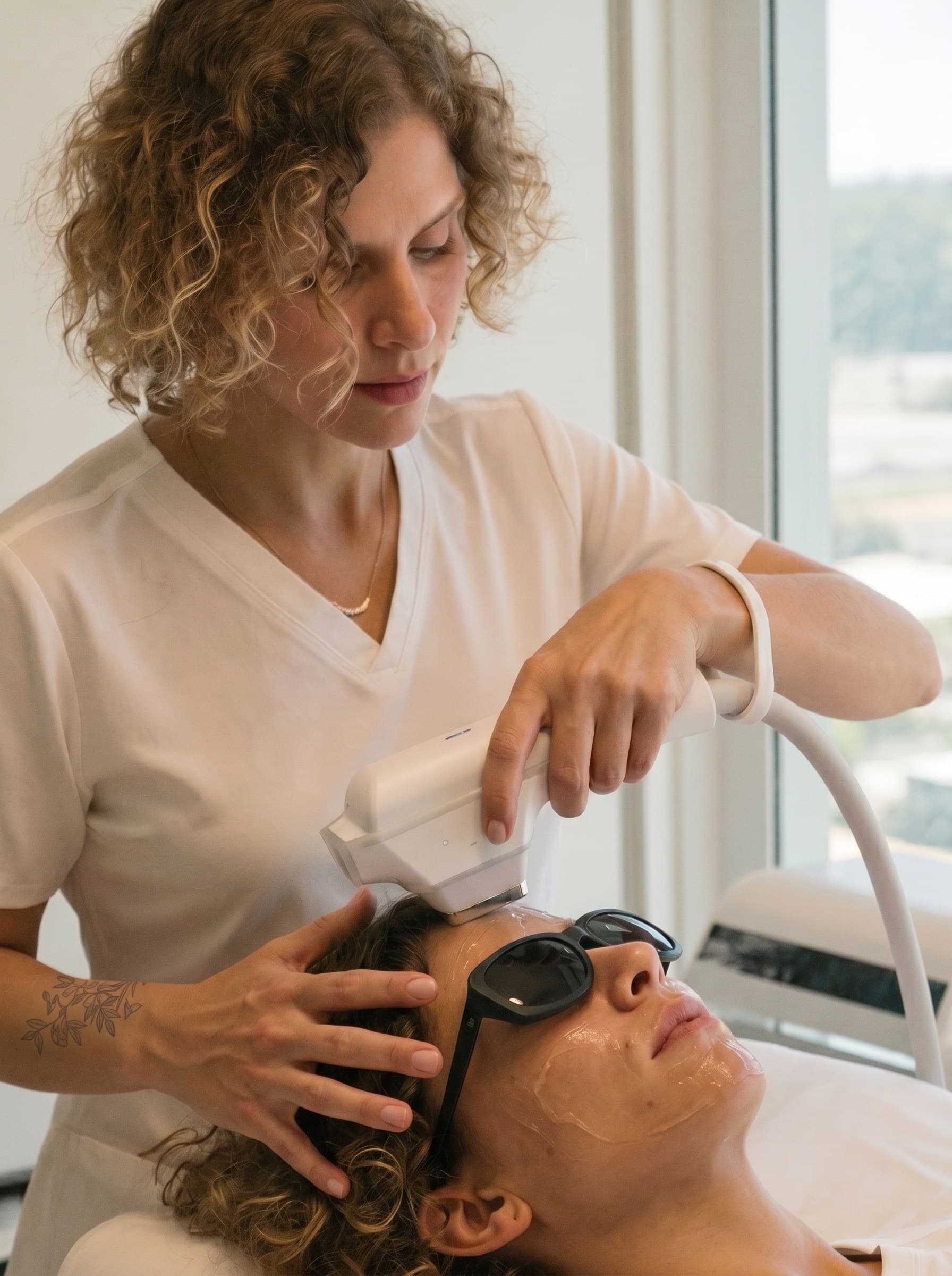 A clinician performing an IPL light treatment in the daylight Juvenis clinic