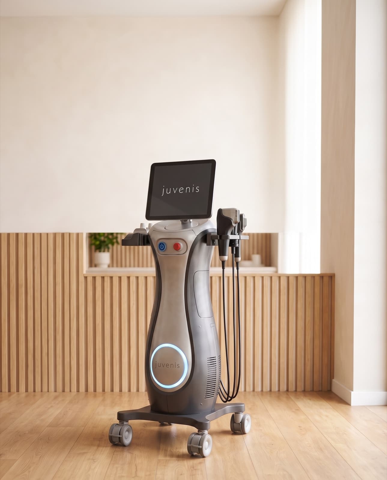 ALTUS focused ultrasound device, with articulated arm and treatment cartridges on a brushed-steel column.