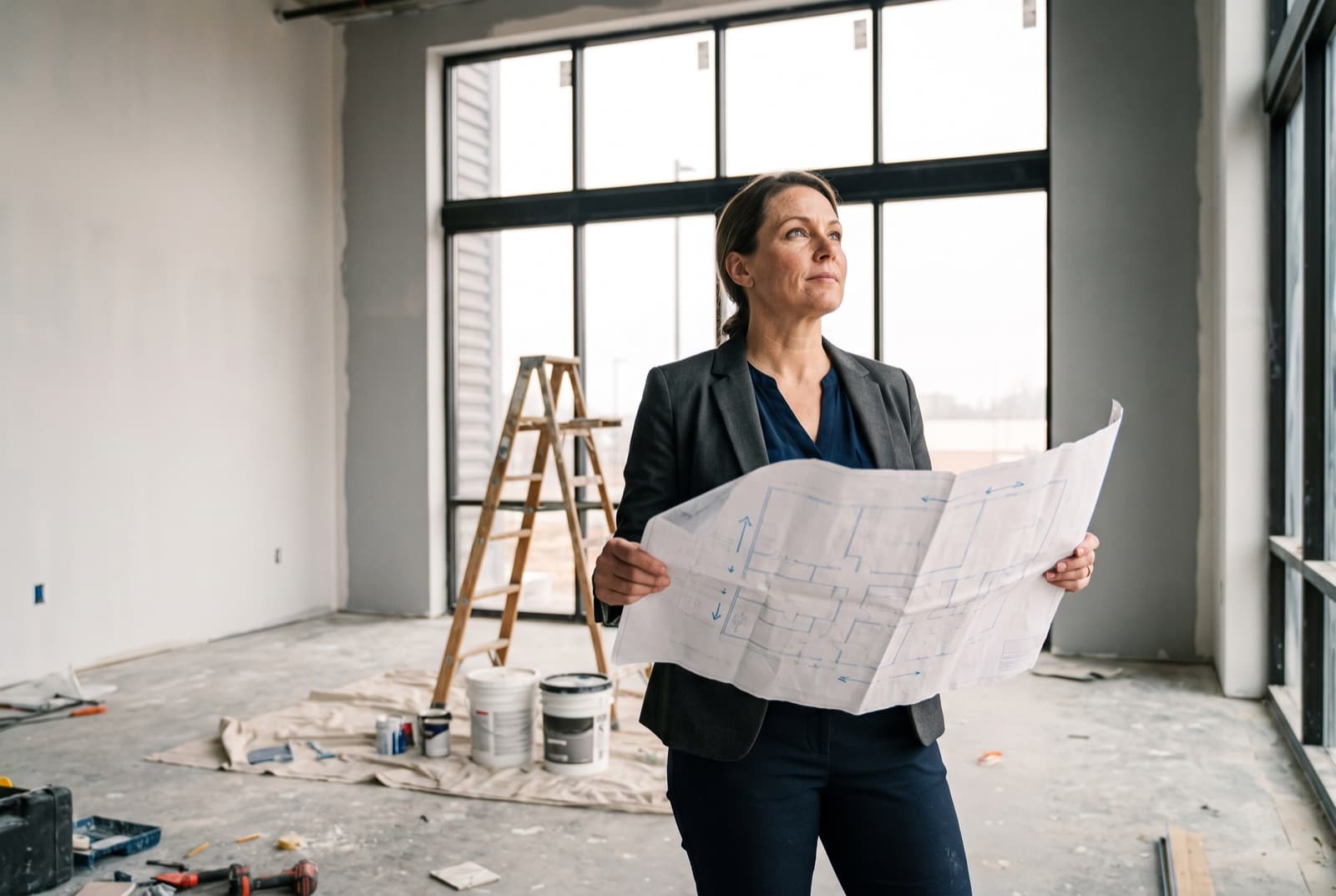 A clinic owner with floor plans in her next space