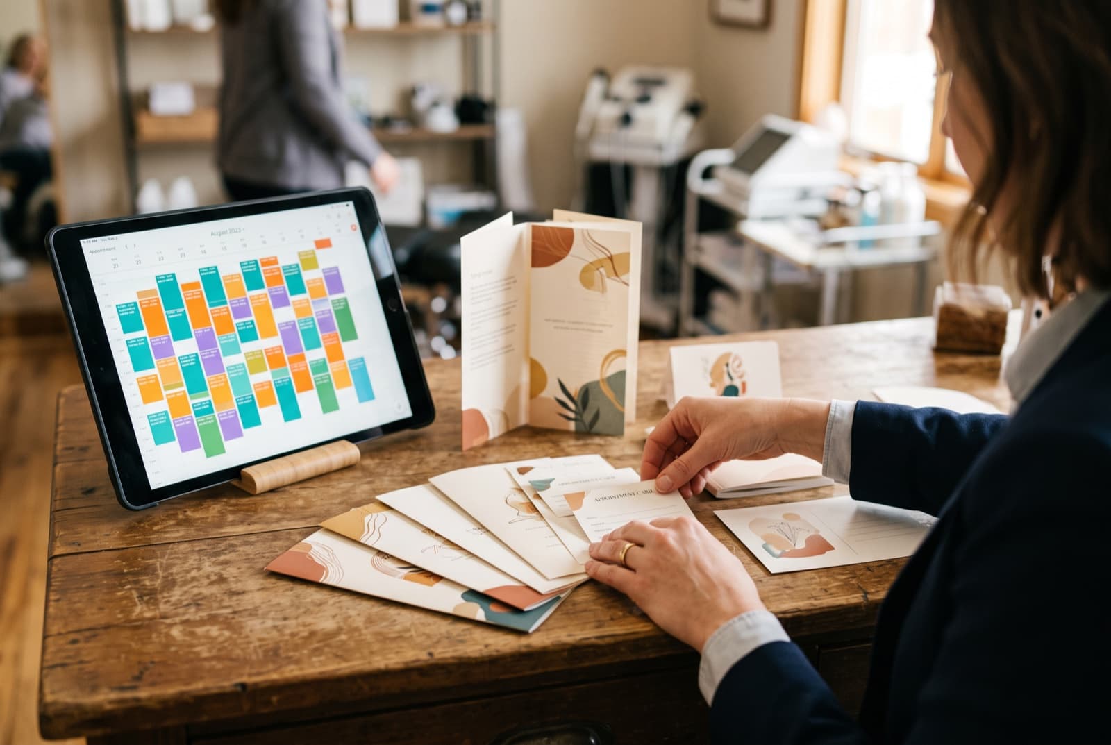 A full appointment calendar beside fresh marketing materials