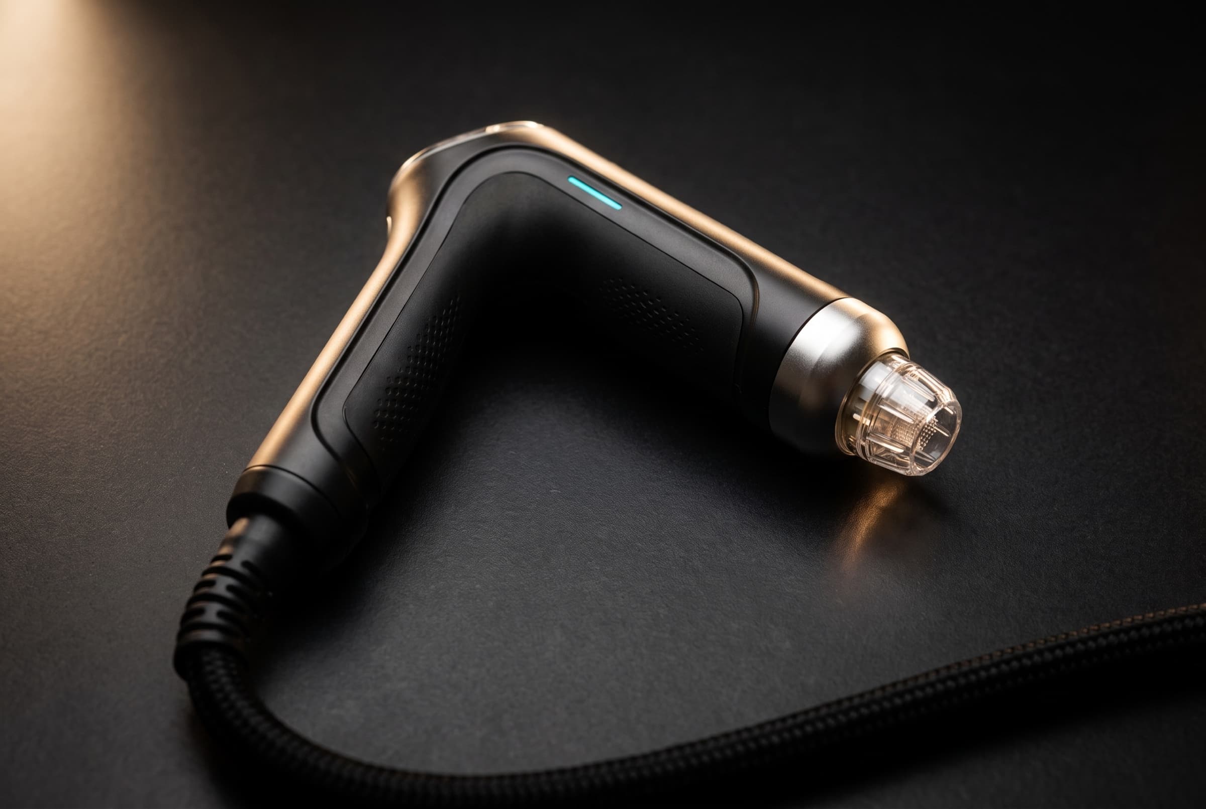 Macro detail of a Juvenis handpiece in precise golden light