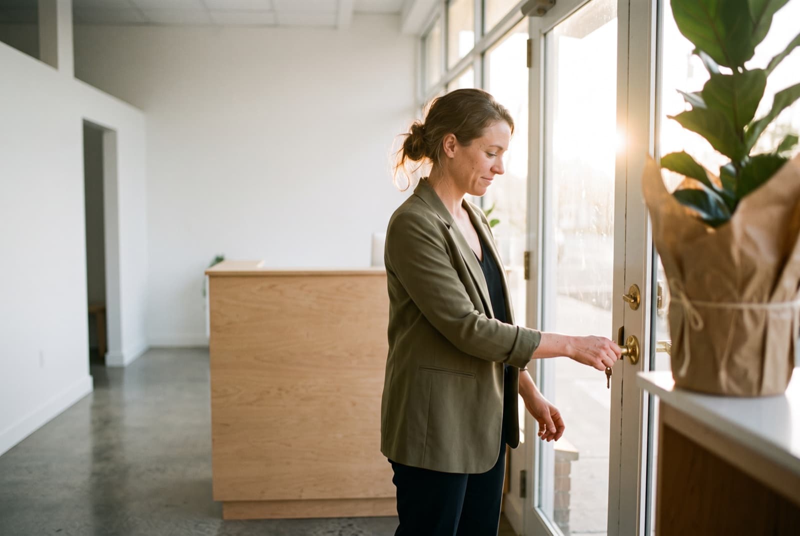 A clinic owner unlocking her new clinic on opening morning